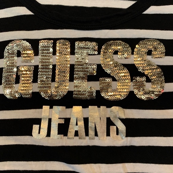 Guess Women Black White Stripe Gold Sequin Logo T-shirt Size Medium - Picture 4 of 8